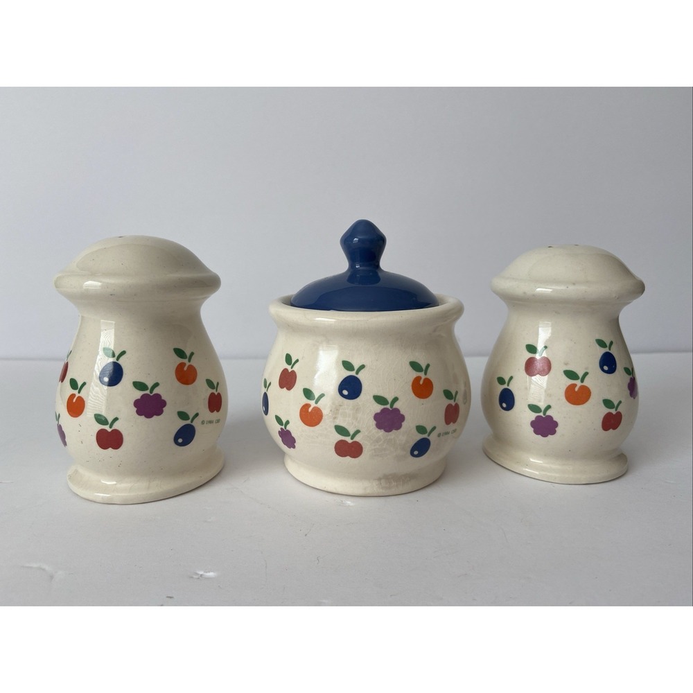 Vintage 1984 New Avenues Orchard Salt Pepper & Sugar Bowl Set